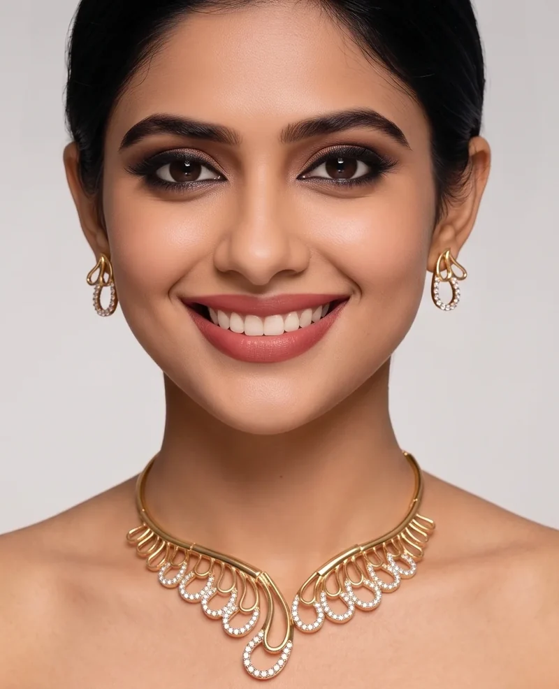 Woman wearing a gold plated AD stone necklace set