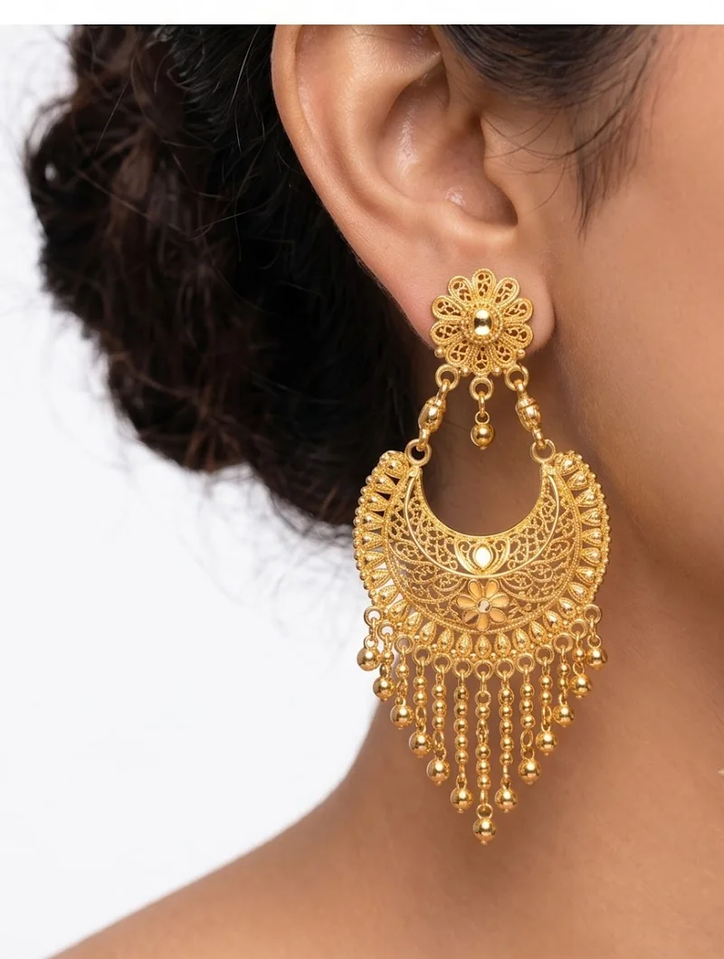 Gold plated chandbali earring close-up