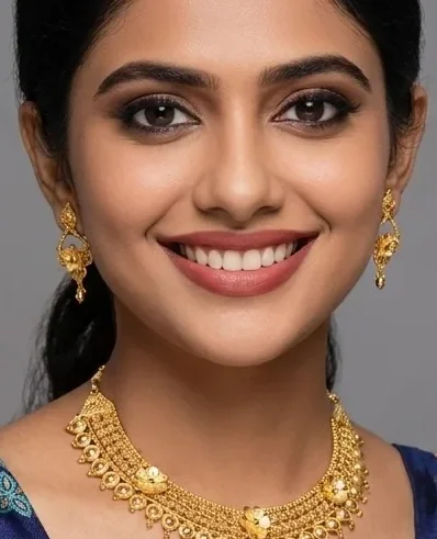 Woman wearing a three-layer gold plated floral necklace