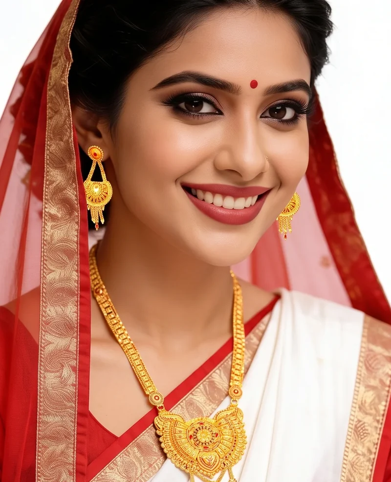 Bride wearing a gold plated rani haar long necklace