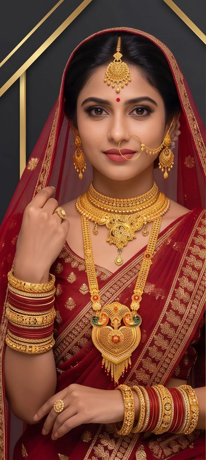 Bride wearing a gold plated bridal necklace set and rani haar