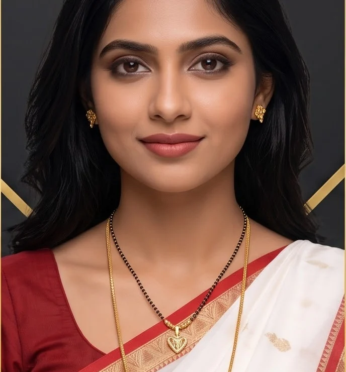 Woman in a white and red saree wearing a fine gold plated chain