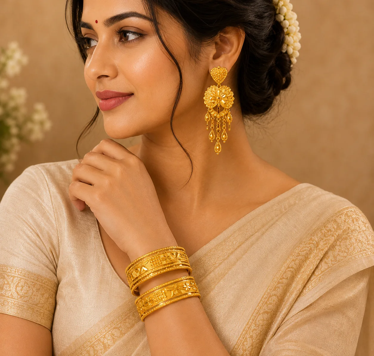 Woman wearing gold plated bangles and jhumka earrings