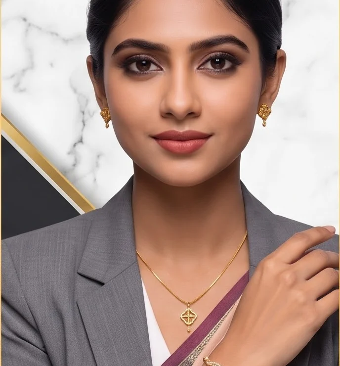 Woman in a grey blazer wearing delicate gold plated jewellery