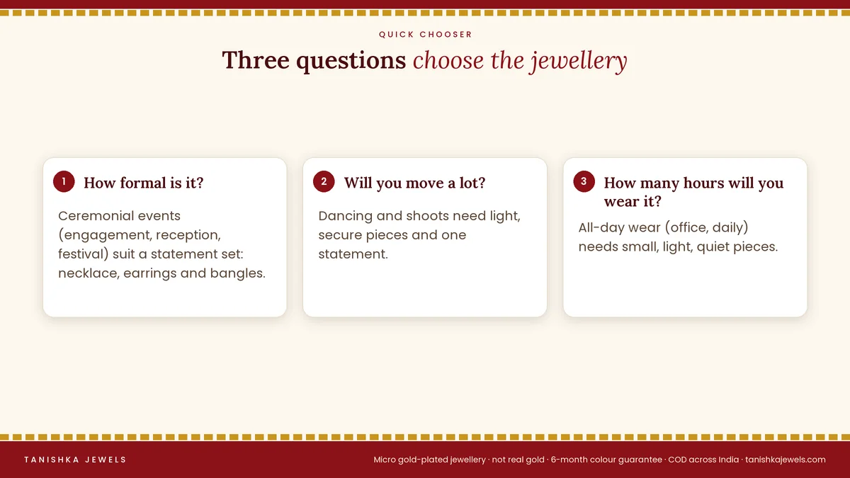 Three questions to choose occasion jewellery: how formal is it, will you be moving a lot, and how many hours will you wear it