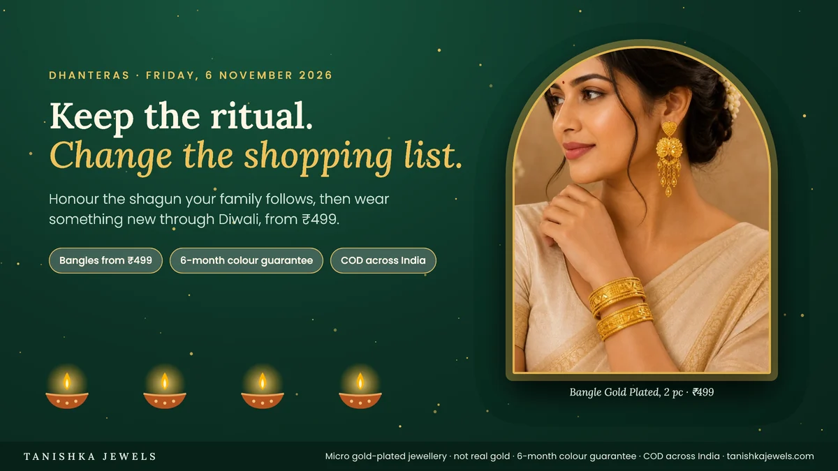 Woman in a cream saree wearing gold-plated bangles beside Dhanteras diyas